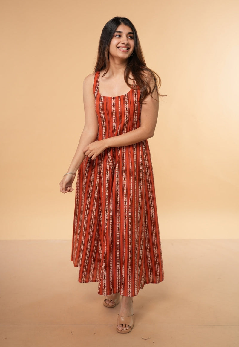 Jisha Orange Dabu Slub Cotton A Line Dress