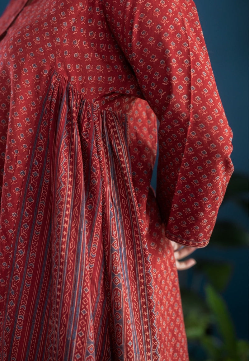 Athira Red Ajrakh Cotton Kali Kurta