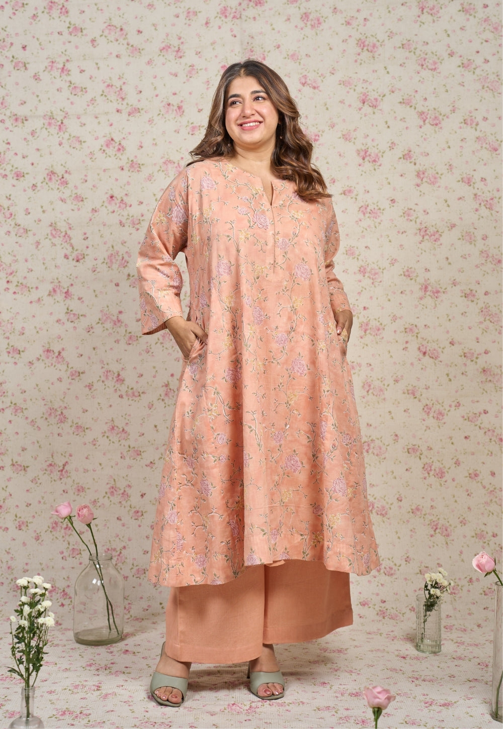 Mary Orange Sanganeri Mul Cotton Jhabbha Kali Kurta with Hand Embroidery and Slip