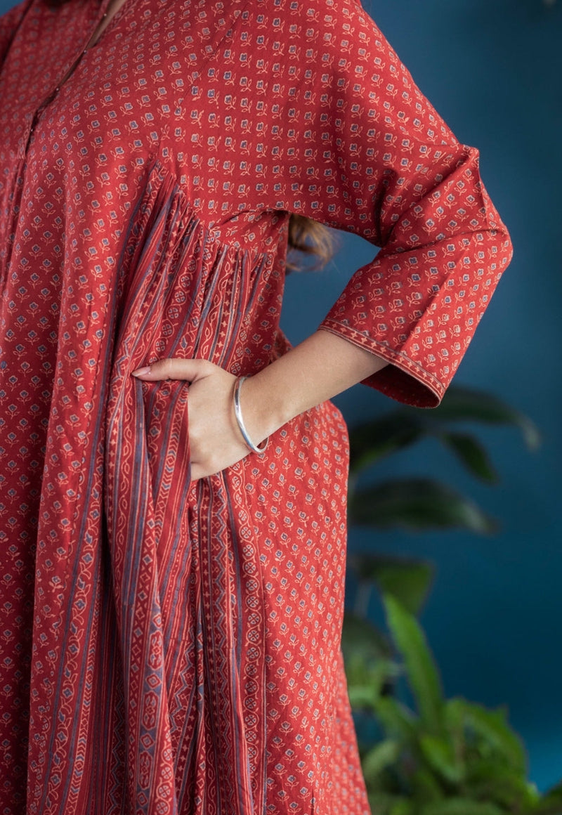 Athira Red Ajrakh Cotton Kali Kurta