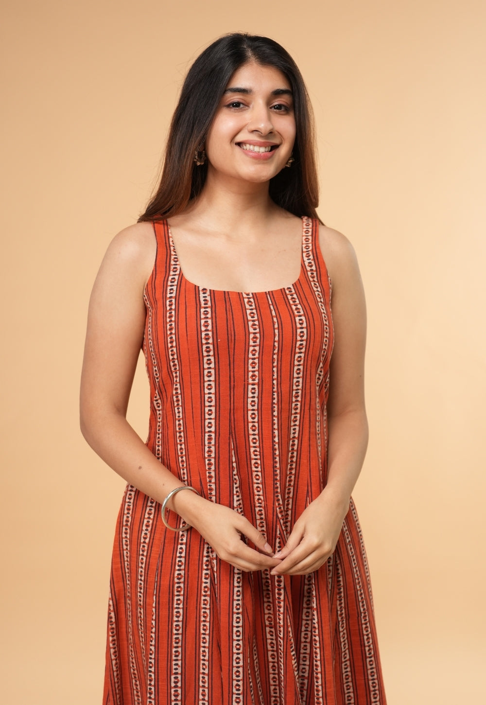 Jisha Orange Dabu Slub Cotton A Line Dress