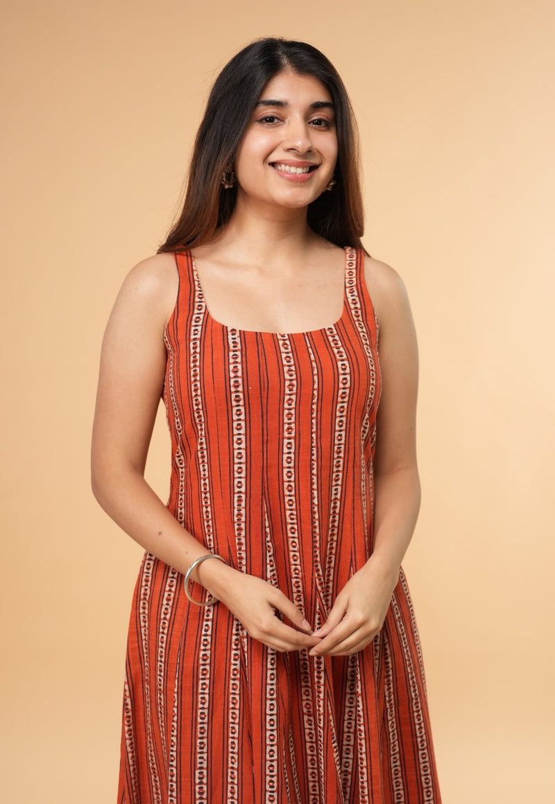 Jisha Orange Dabu Slub Cotton A Line Dress