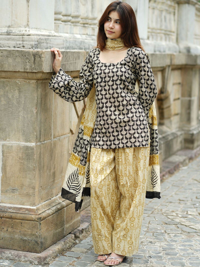 Sifra Three Piece Farshi Set for Women - Black & Beige Handblock Cotton Suit Set with Dupatta