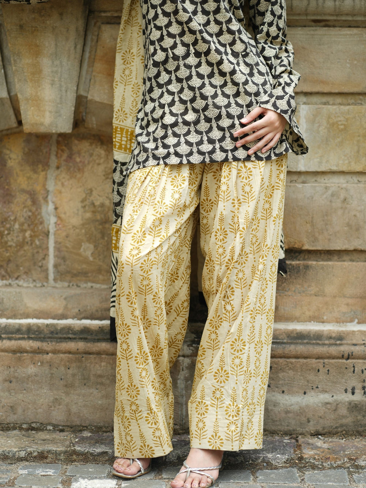 Sifra Three Piece Farshi Set for Women - Black & Beige Handblock Cotton Suit Set with Dupatta