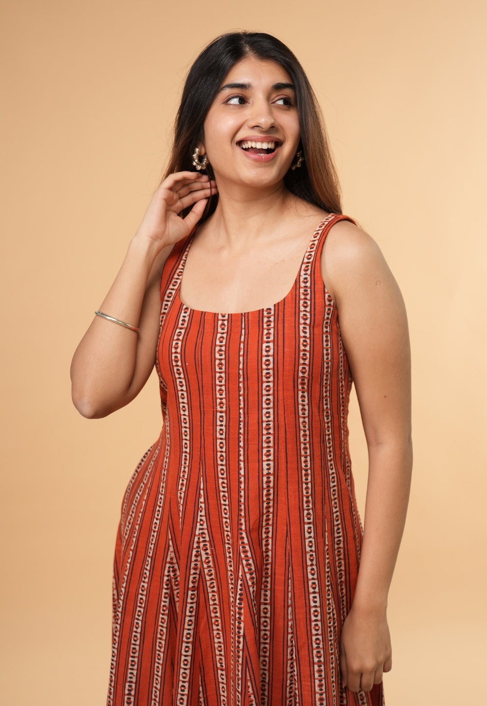 Jisha Orange Dabu Slub Cotton A Line Dress