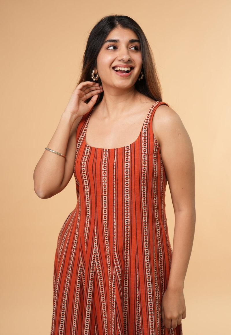 Jisha Orange Dabu Slub Cotton A Line Dress