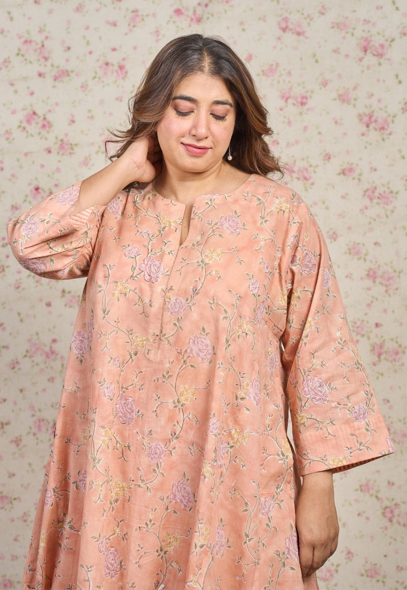 Mary Orange Sanganeri Mul Cotton Jhabbha Kali Kurta with Hand Embroidery and Slip