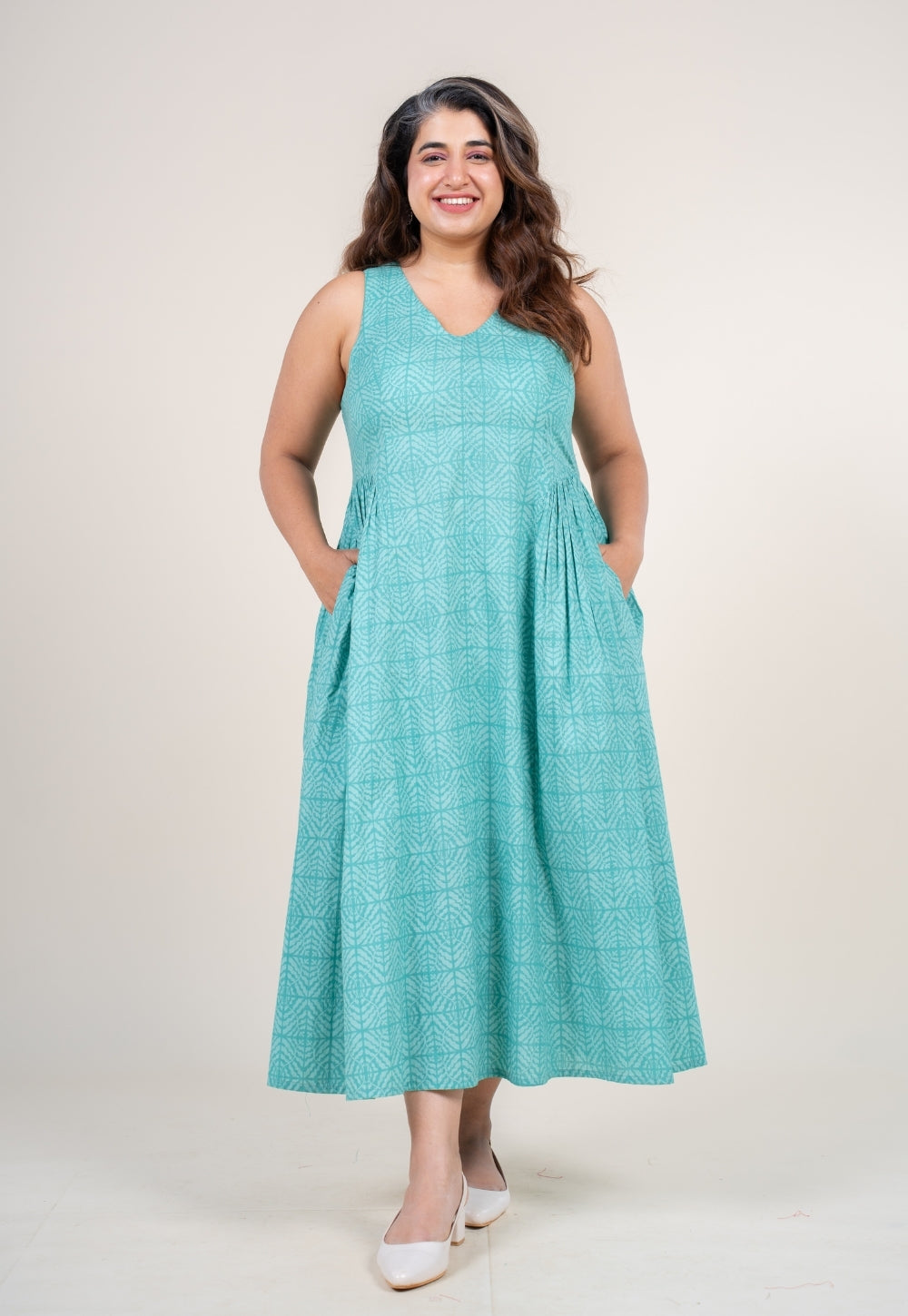 Navira Aqua Green Printed Cotton A Line Dress