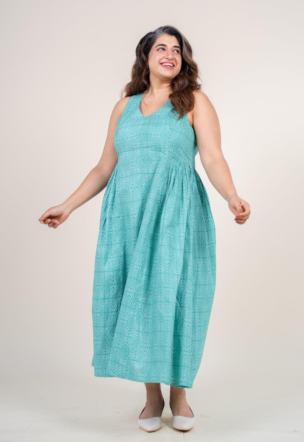 Navira Aqua Green Printed Cotton A Line Dress
