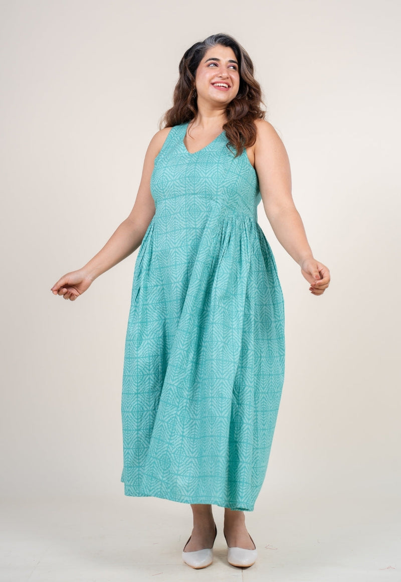 Navira Aqua Green Printed Cotton A Line Dress