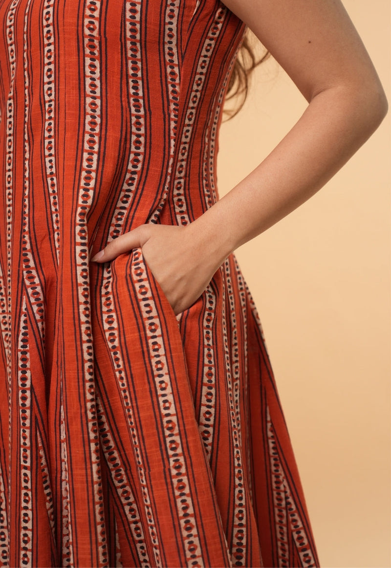 Jisha Orange Dabu Slub Cotton A Line Dress