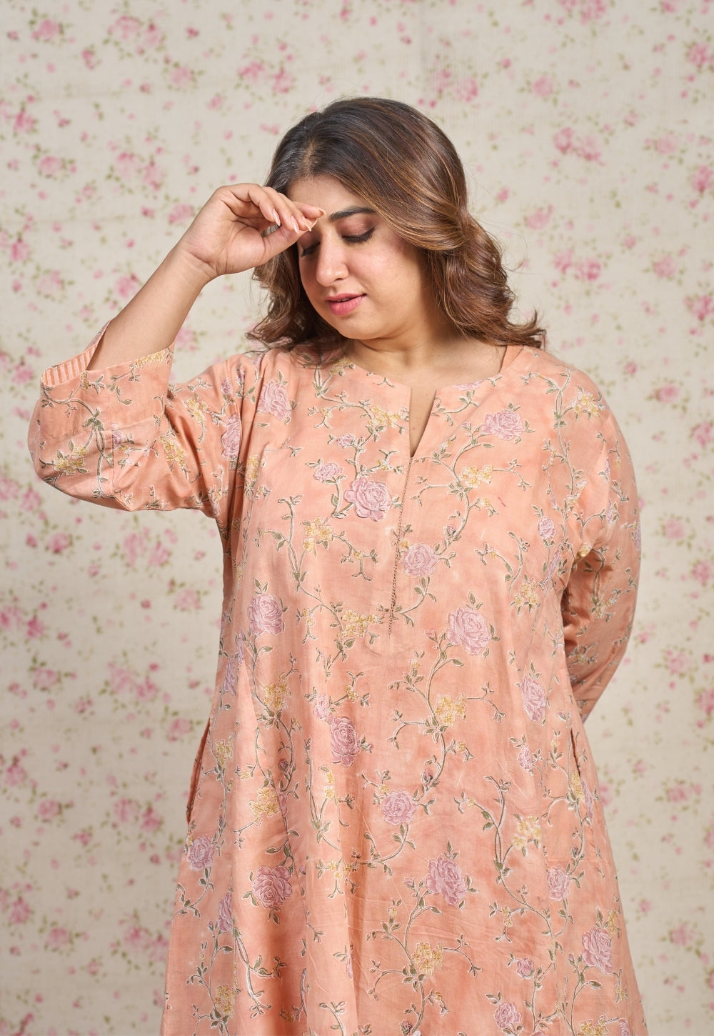 Mary Orange Sanganeri Mul Cotton Jhabbha Kali Kurta with Hand Embroidery and Slip