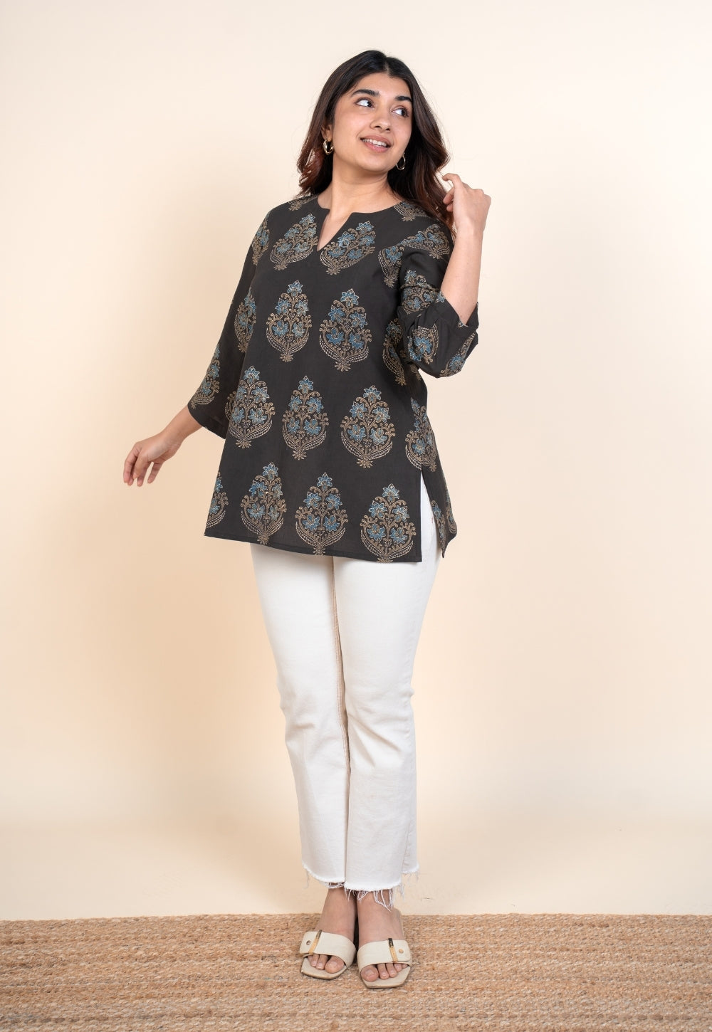 Yuvika Brown Ajrakh Cotton Straight Short Top