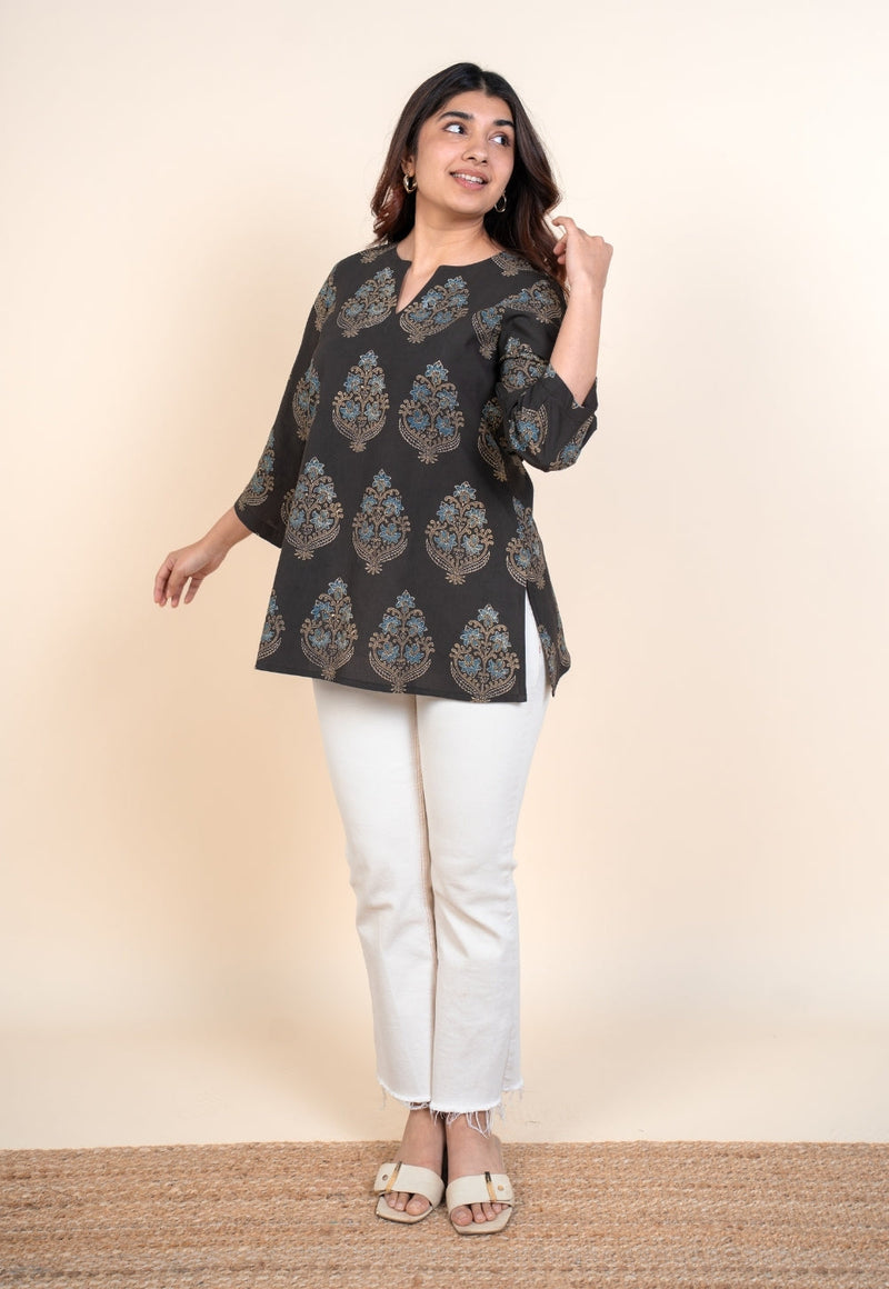 Yuvika Brown Ajrakh Cotton Straight Short Top