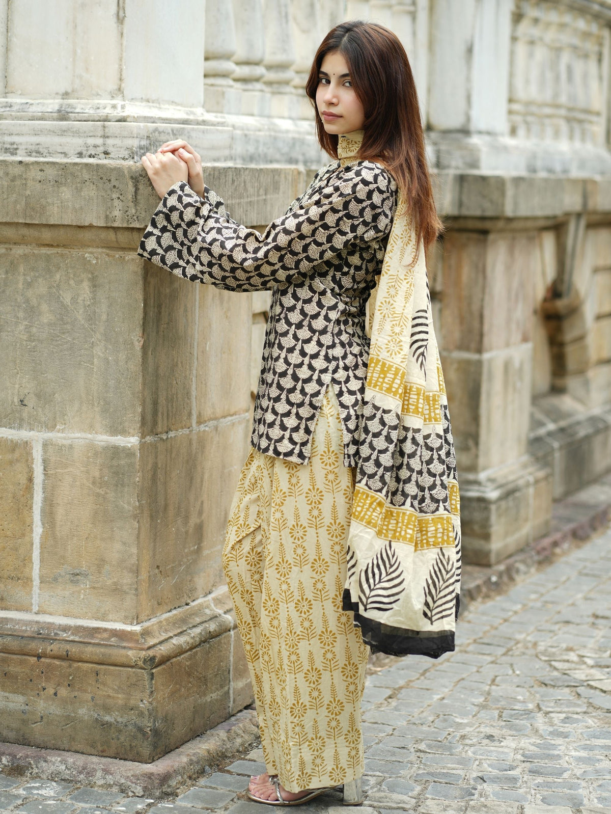 Sifra Three Piece Farshi Set for Women - Black & Beige Handblock Cotton Suit Set with Dupatta