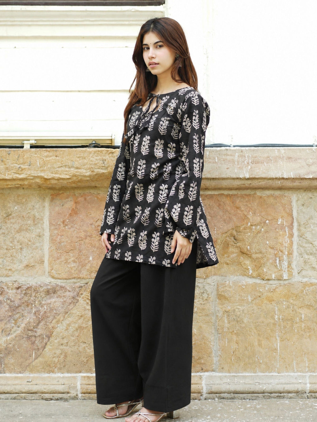 Roohi Two Piece Farshi Set for Women - Black Handblock Cotton Kurta with Farshi Salwar