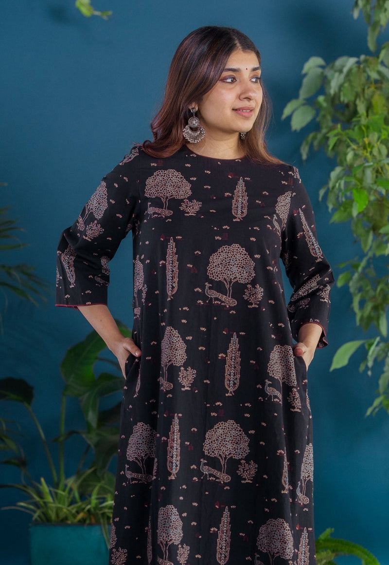 Tahira Black Ajrakh Cotton A Line Kurta