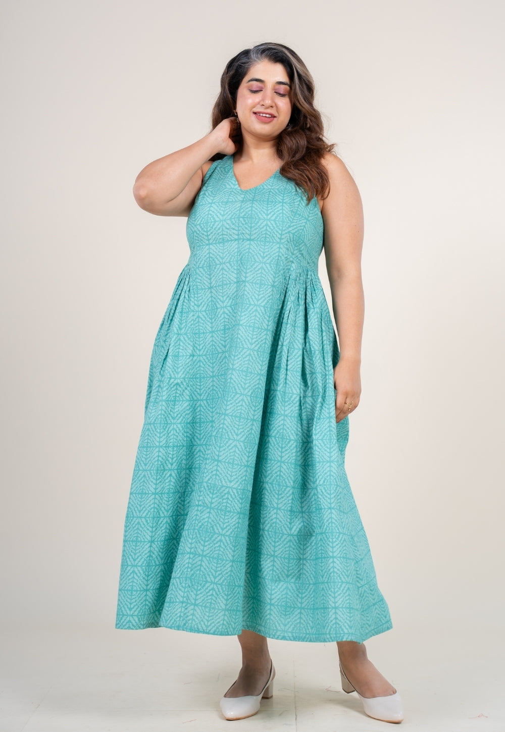 Navira Aqua Green Printed Cotton A Line Dress