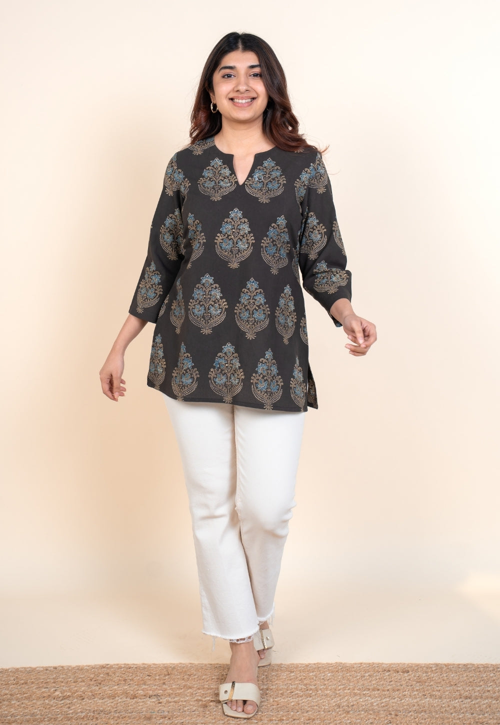 Yuvika Brown Ajrakh Cotton Straight Short Top