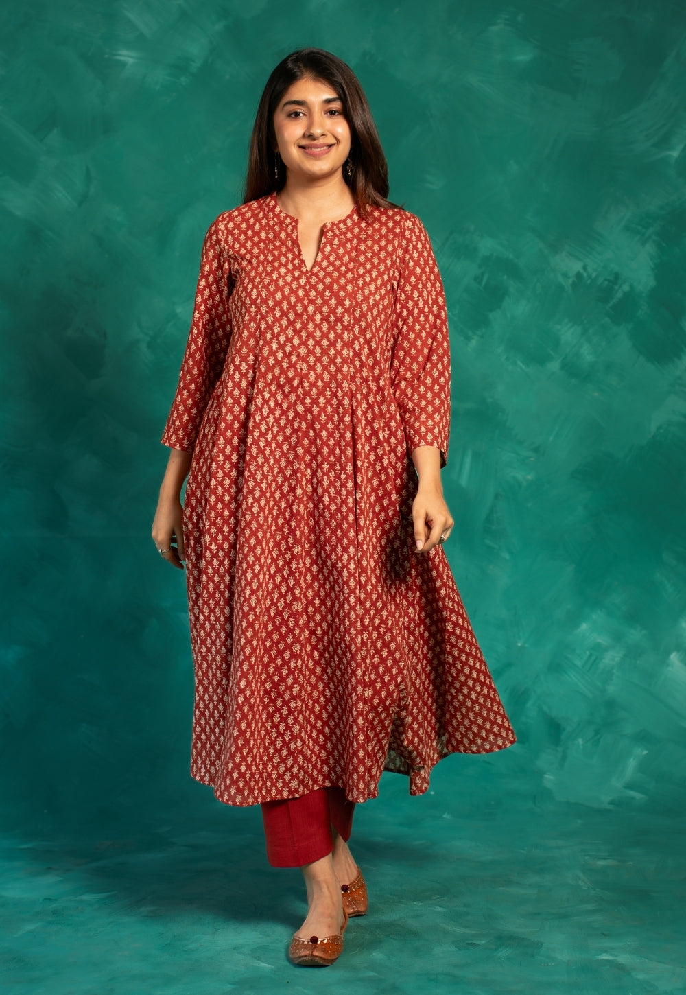 Prita Red Solid Slub Cotton Narrow Pant
