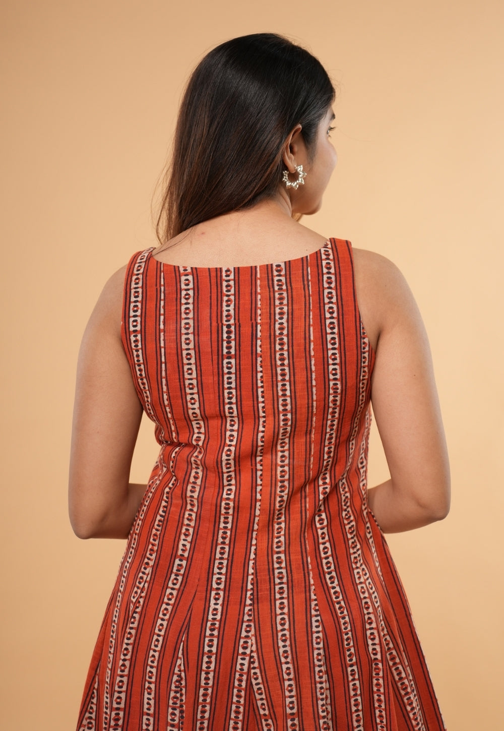 Jisha Orange Dabu Slub Cotton A Line Dress