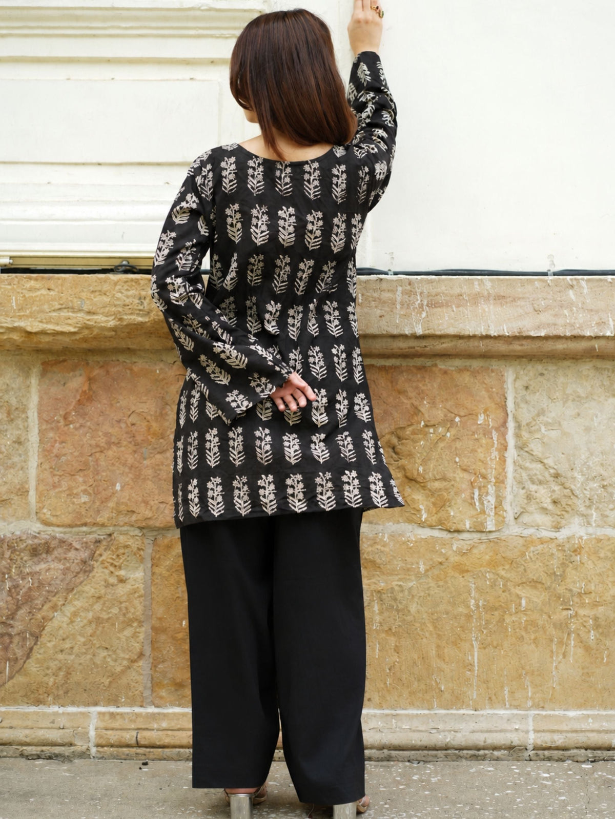 Roohi Two Piece Farshi Set for Women - Black Handblock Cotton Kurta with Farshi Salwar
