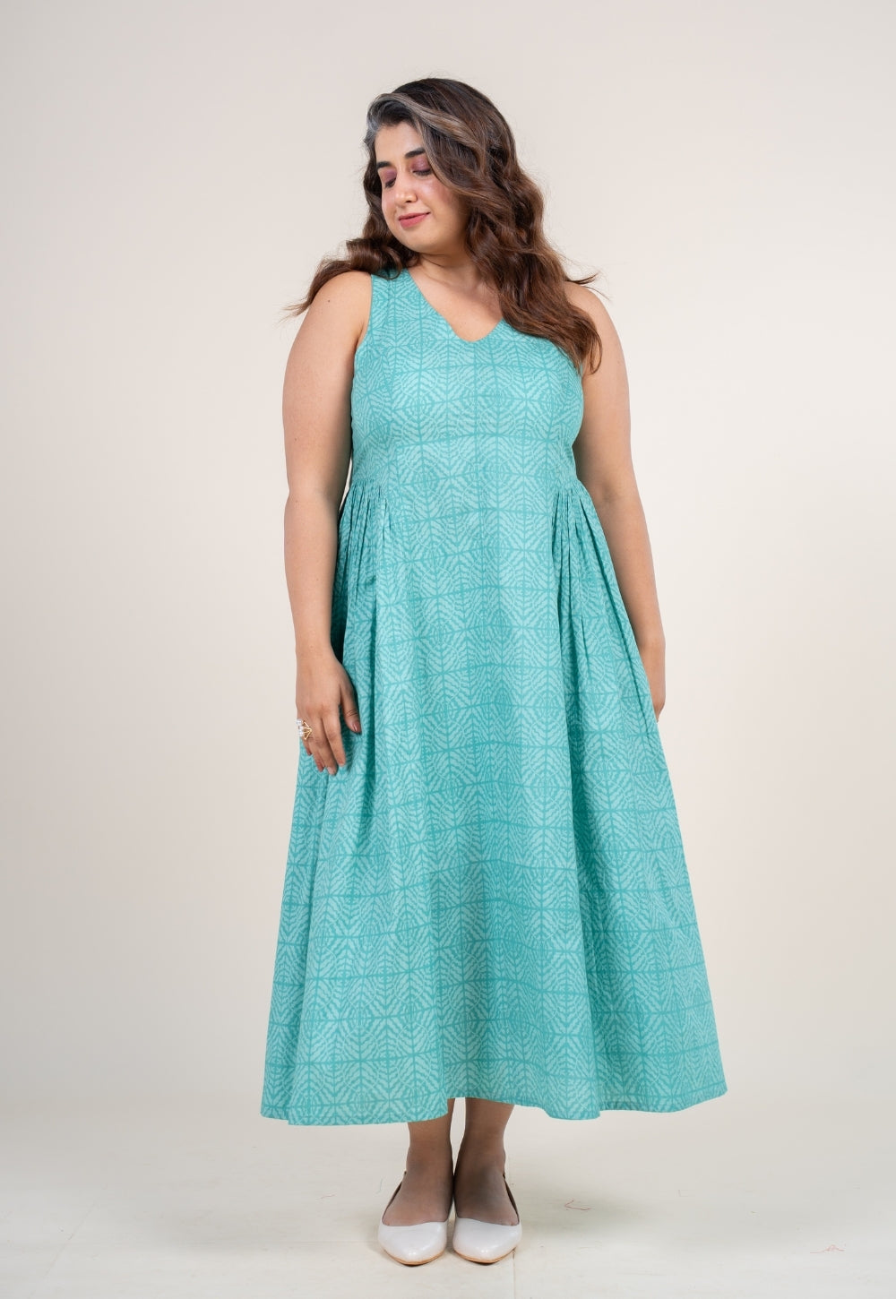 Navira Aqua Green Printed Cotton A Line Dress