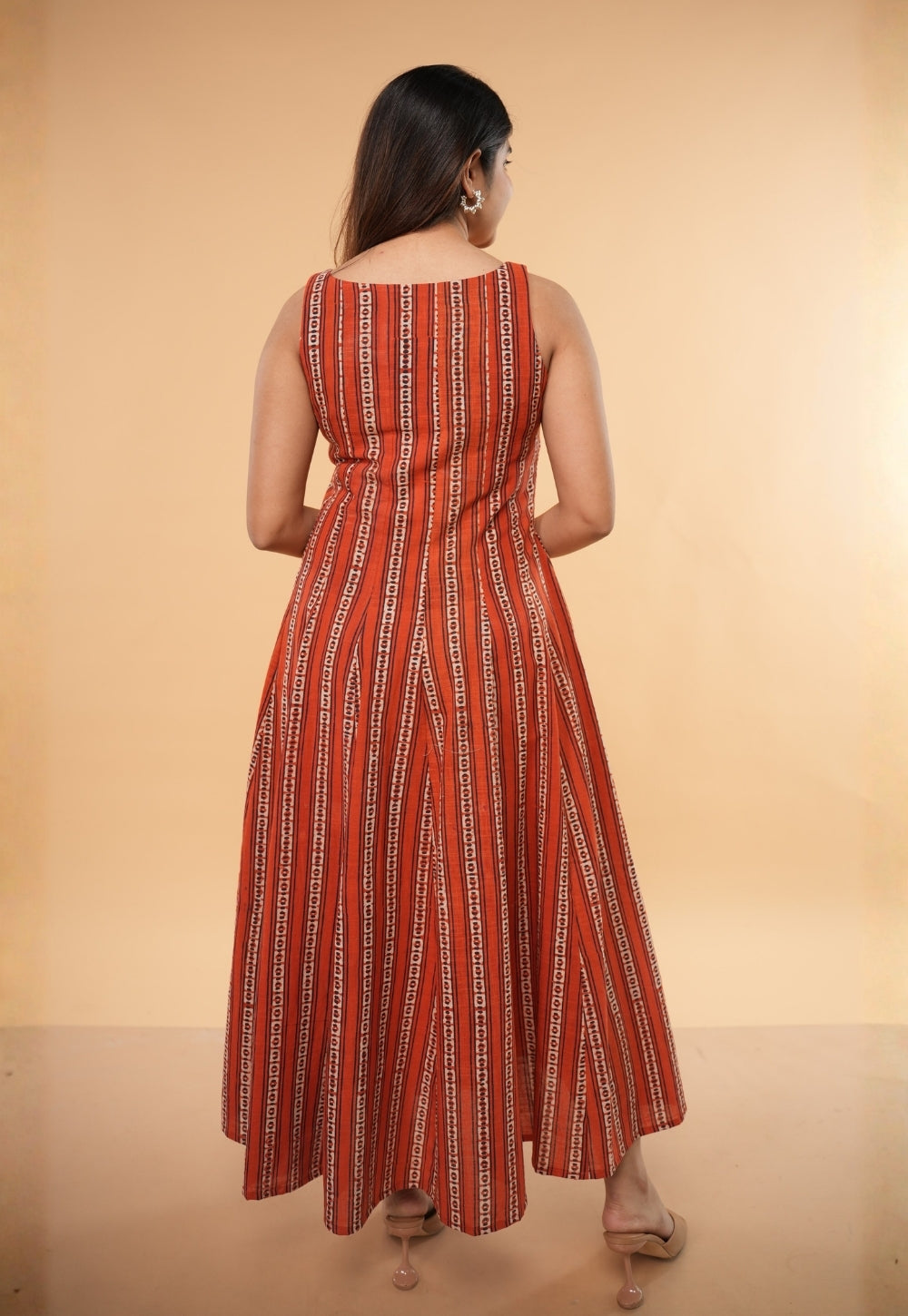 Jisha Orange Dabu Slub Cotton A Line Dress