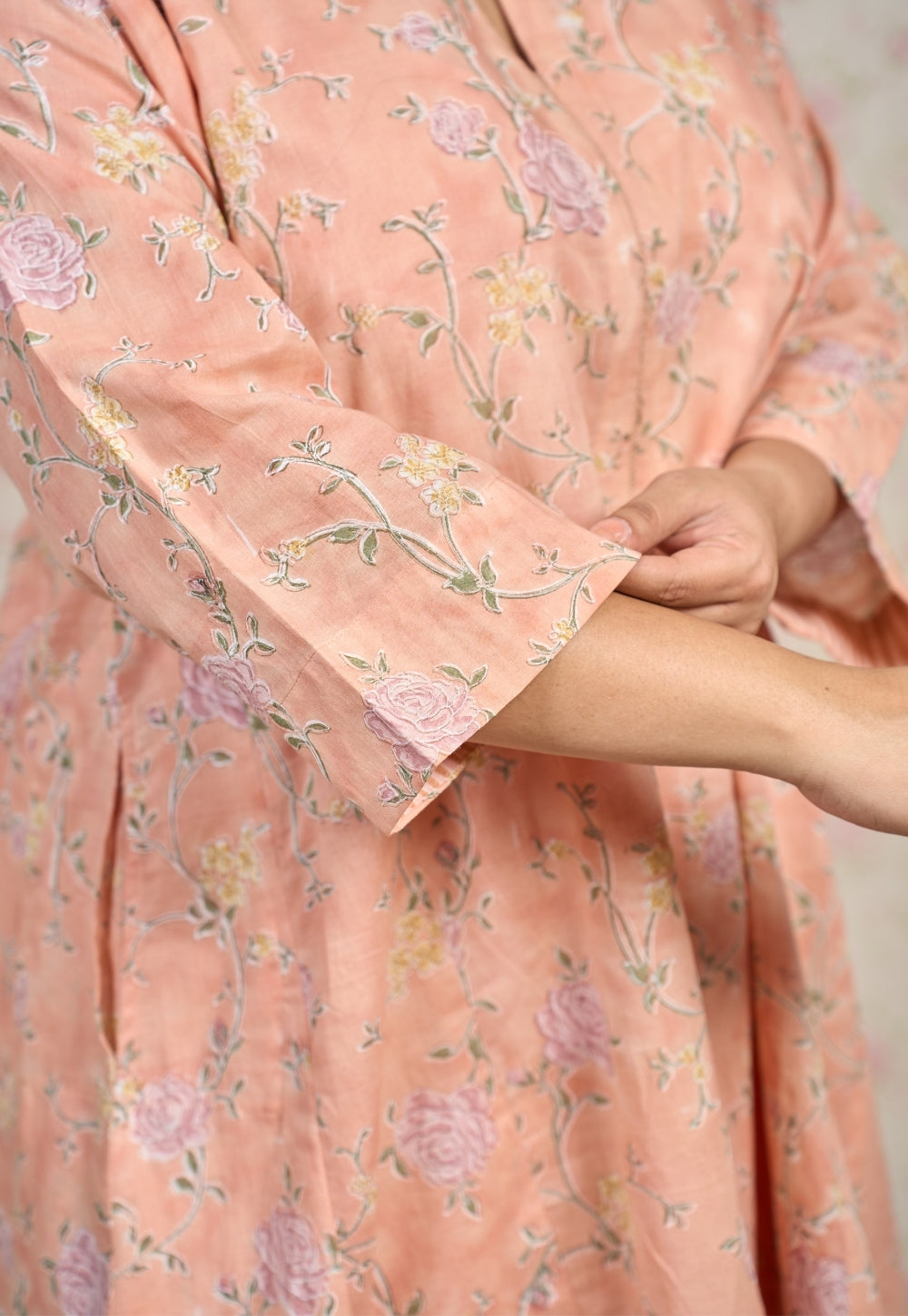 Mary Orange Sanganeri Mul Cotton Jhabbha Kali Kurta with Hand Embroidery and Slip