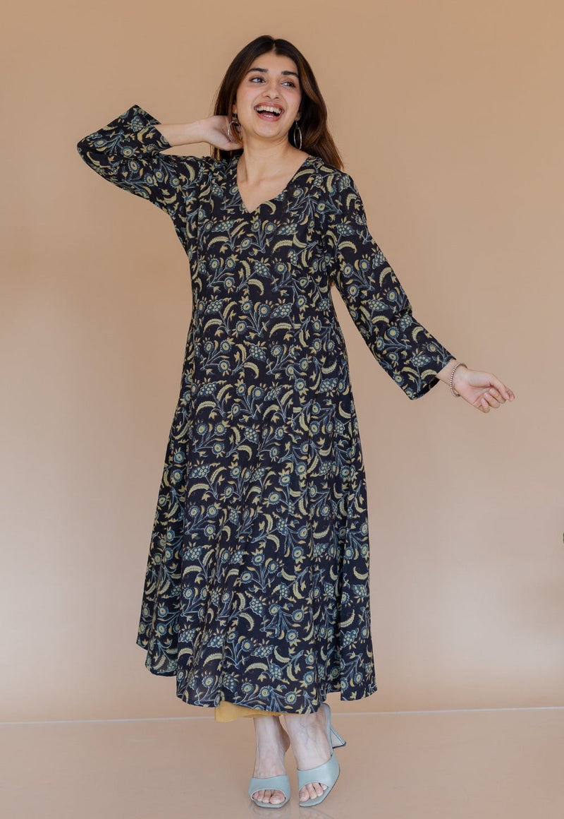 Shruti Black Ajrakh Cotton Kali Kurta