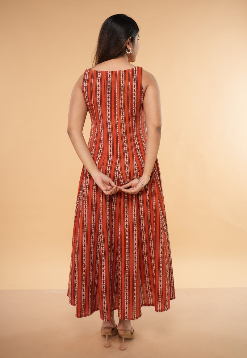 Jisha Orange Dabu Slub Cotton A Line Dress