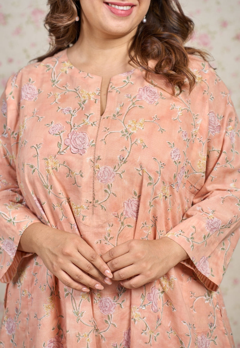 Mary Orange Sanganeri Mul Cotton Jhabbha Kali Kurta with Hand Embroidery and Slip