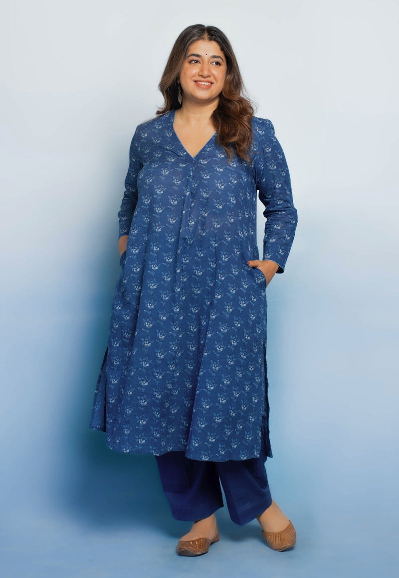 Raila Blue Dabu Mul Cotton Straight Kurta