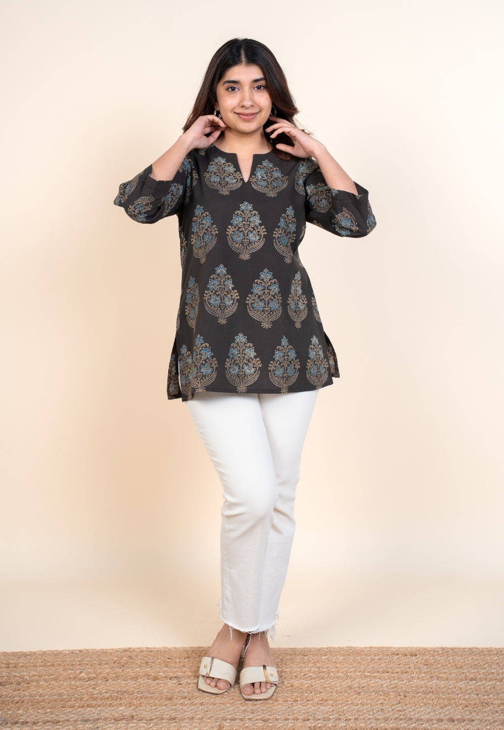 Yuvika Brown Ajrakh Cotton Straight Short Top