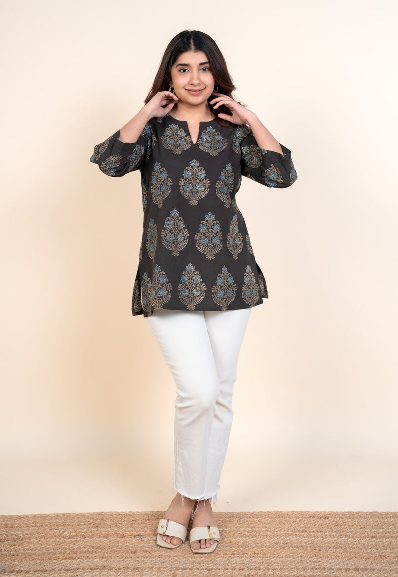 Yuvika Brown Ajrakh Cotton Straight Short Top