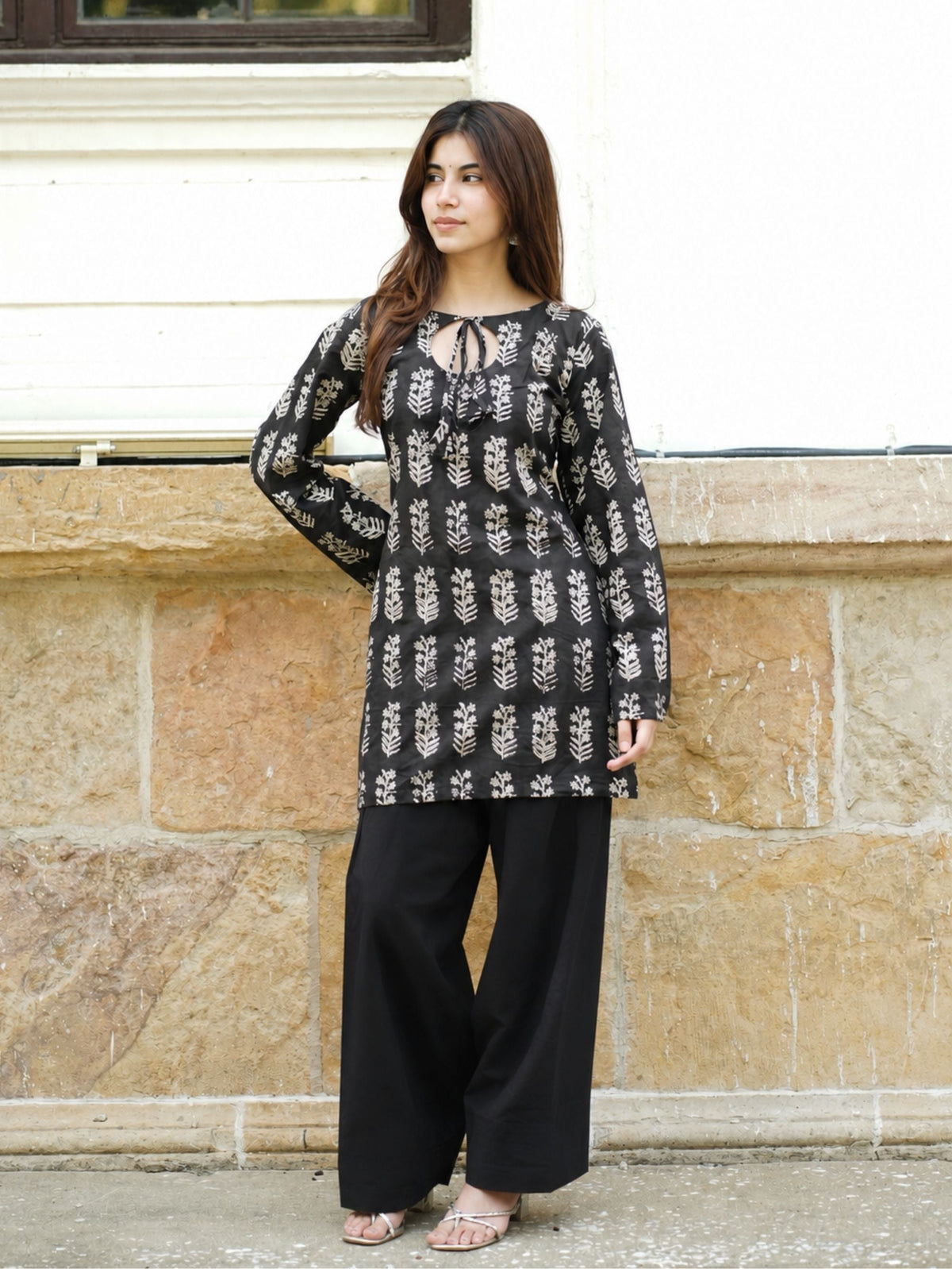 Roohi Two Piece Farshi Set for Women - Black Handblock Cotton Kurta with Farshi Salwar
