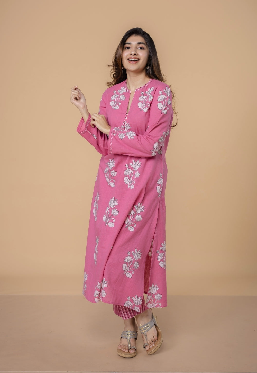 Eshika Pink Dabu Slub Cotton A Line Kurta