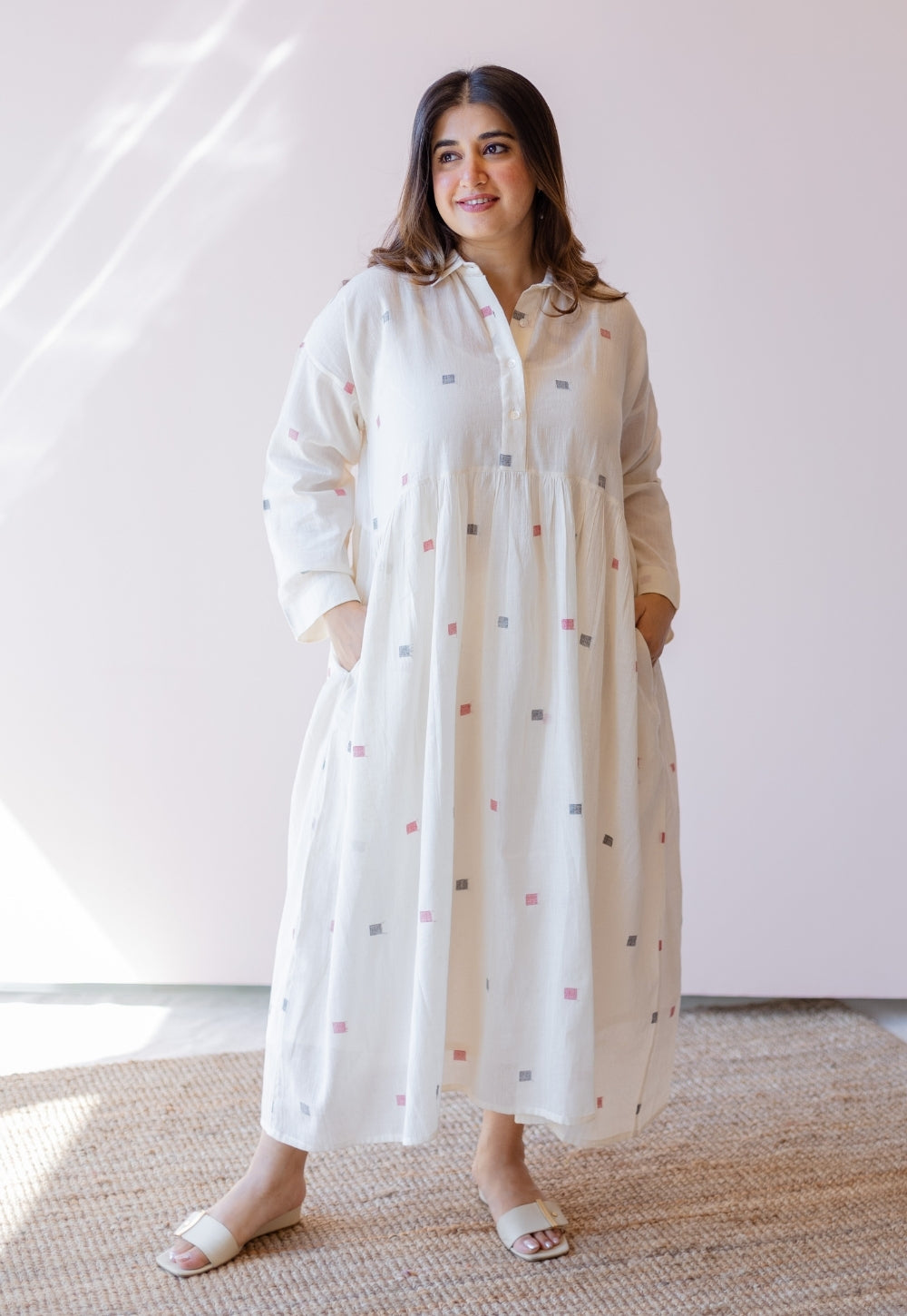 Rhea Off White Jamdani Handloom Cotton A Line Dress