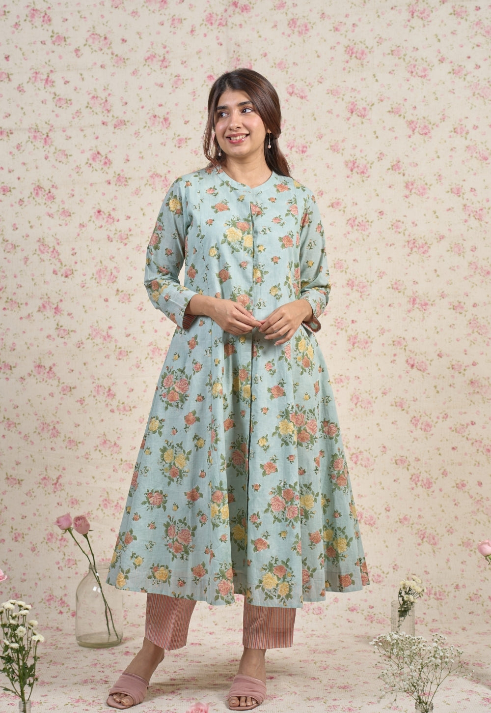 Emma Blue Sanganeri Slub Cotton Kali Kurta