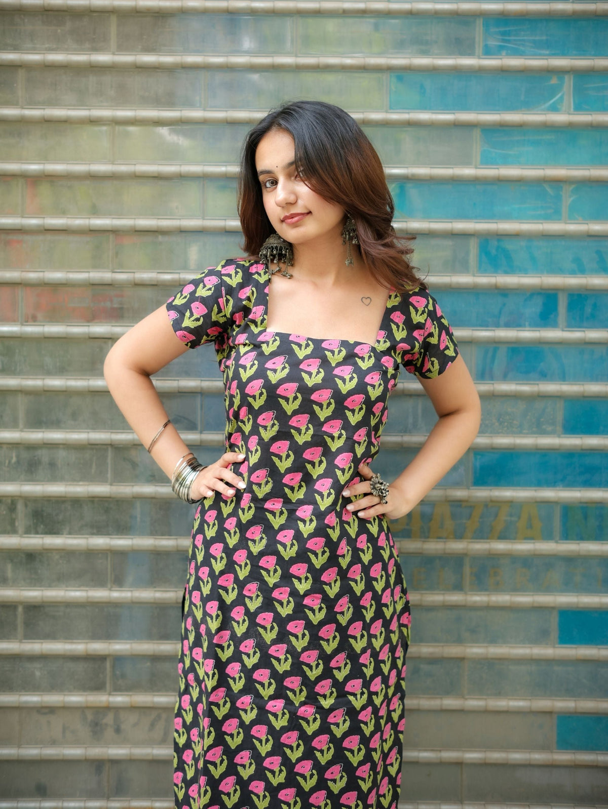 Bougain Veli Black Floral Long Kurta for Women