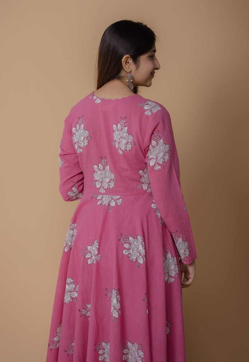 Ruvika Pink Dabu Slub Cotton A Line Kurta