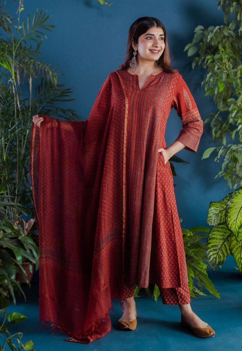 Prita Red Butti Ajrakh Cotton Narrow Pant