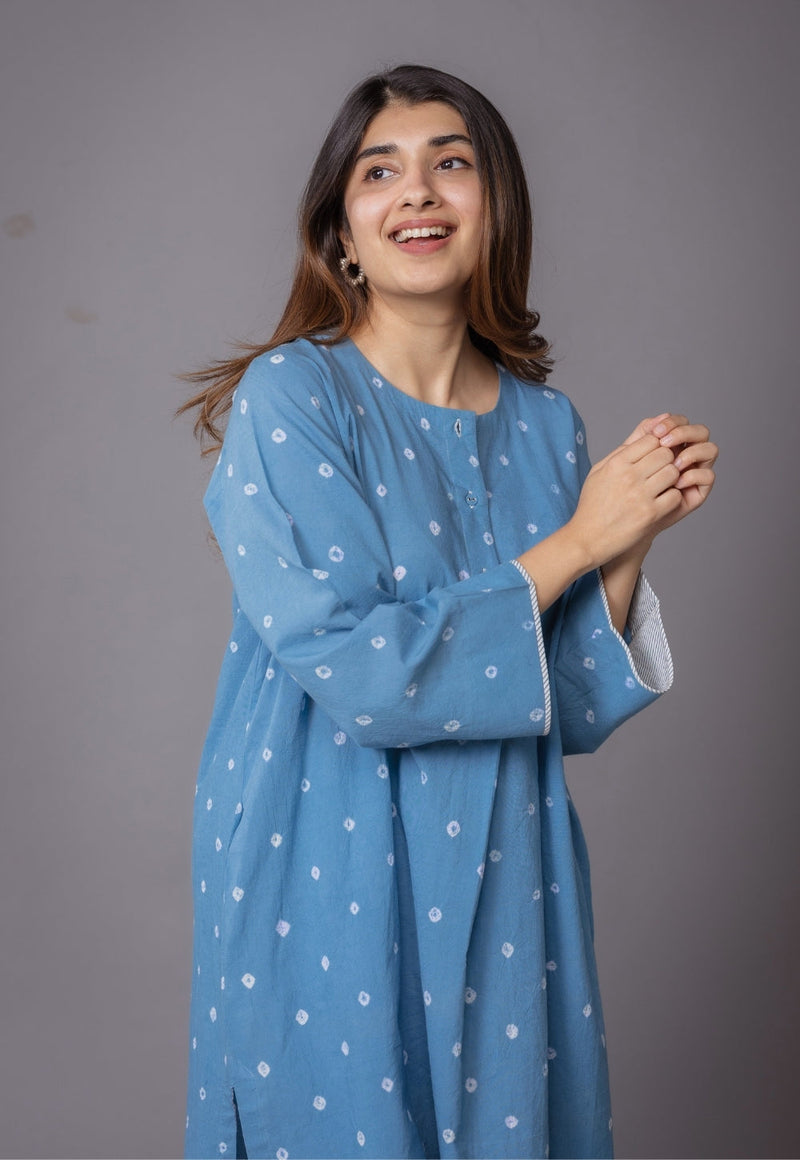 Kaaya Blue Bandhani Cotton Straight Kurta