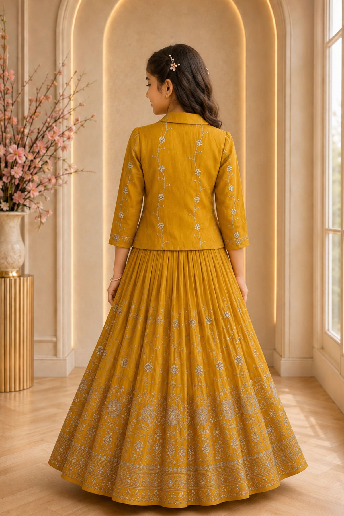 Girls Mustard Yellow Embroidered Jacket Style Lehenga Set with Floral Work