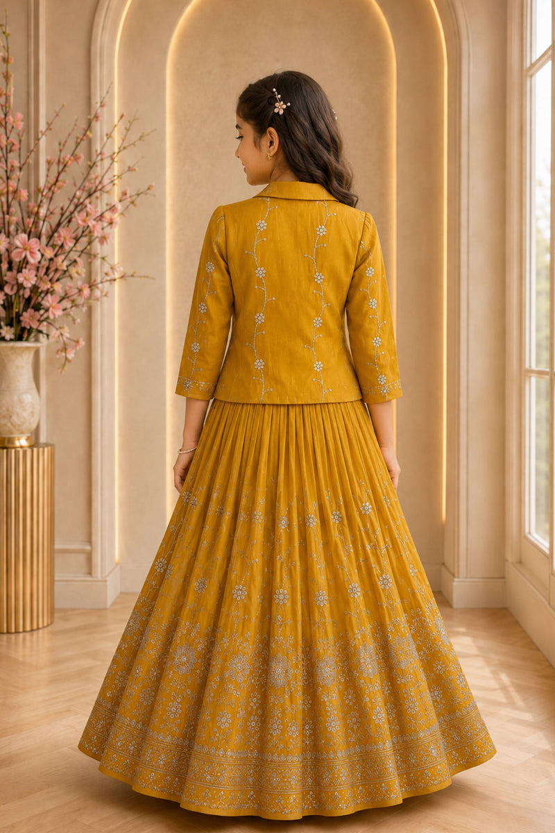 Girls Mustard Yellow Embroidered Jacket Style Lehenga Set with Floral Work