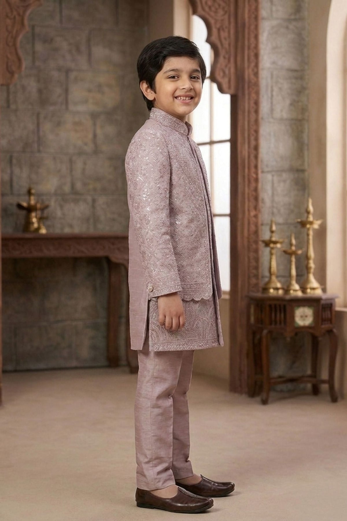 Lavender Embroidered Indo Western Sherwani Set For Boys