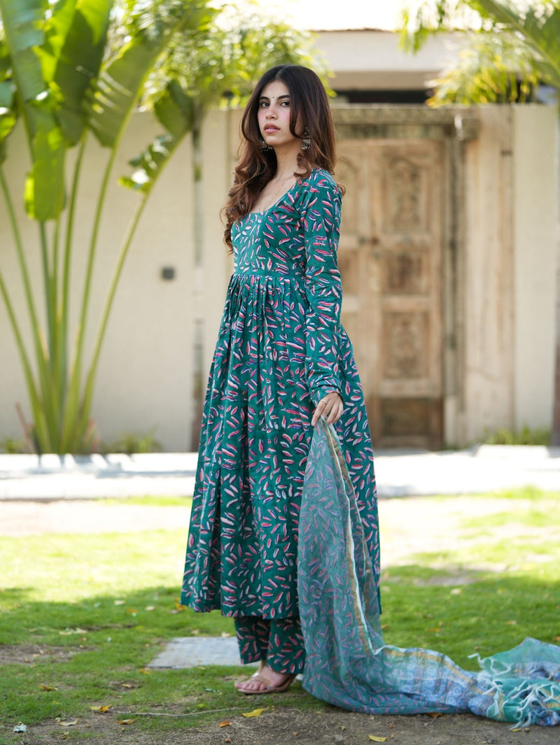 Leaf Love Green Handblock Anarkali Set with Kota Doriya Dupatta