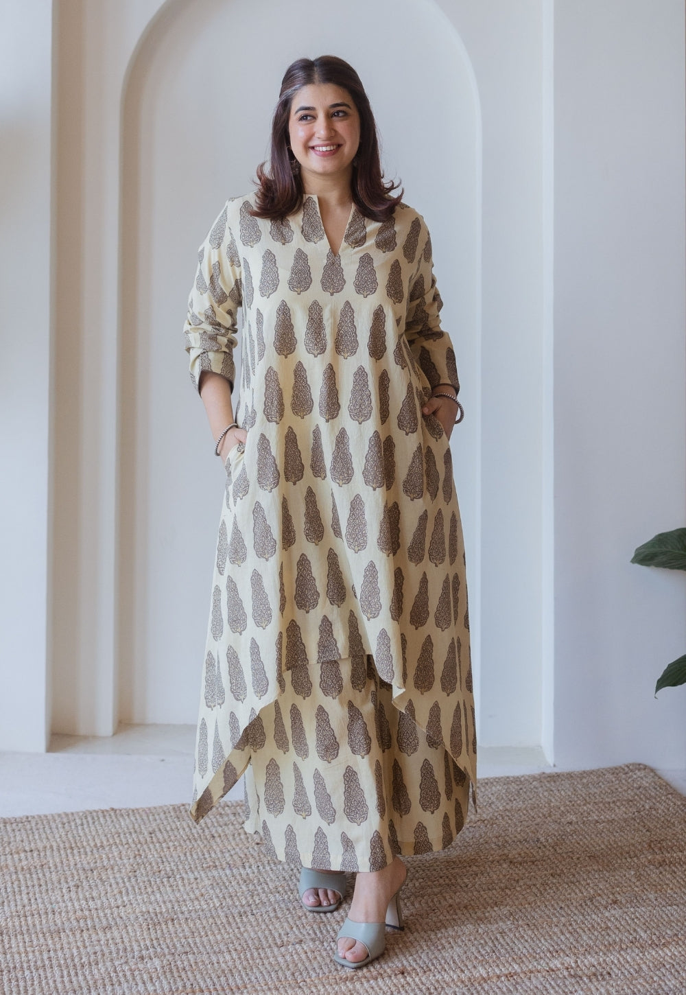 Priya Beige Ajrakh Cotton Asymmetrical Kurta