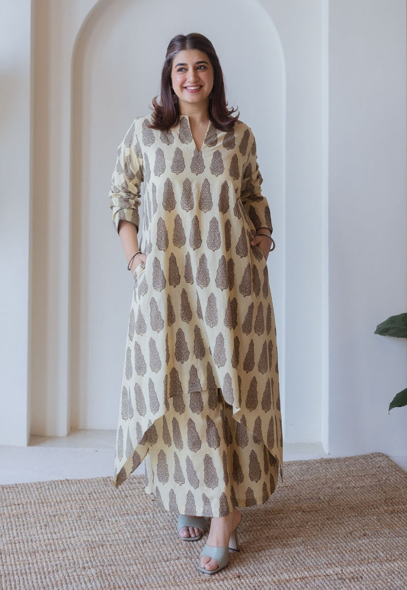 Priya Beige Ajrakh Cotton Asymmetrical Kurta