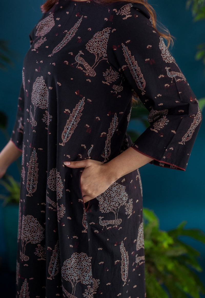 Tahira Black Ajrakh Cotton A Line Kurta